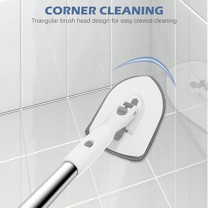 SetSail Floor Scrub Brush, 3-in-1 Tile Tub Floor Scrubber with 52-inch Adjustable Long Handle Shower Cleaner Brush and 3 Detachable Replacement Brush Heads for Cleaning Bathroom Tub Tile, White