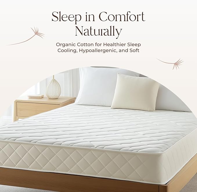 100% Cotton Organic Mattress Pad - Breathable & Cooling Mattress Protector King Size - Premium 300GSM Quilted and Noiseless Machine Washable Organic Mattress Protector (Ivory, King)