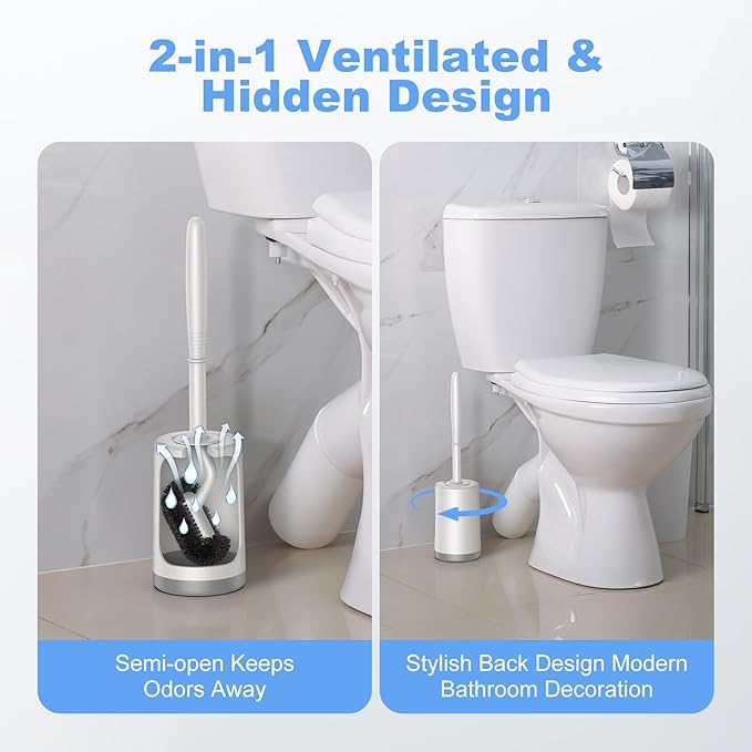 HAMITOR Toilet Bowl Brush Holder Set: Curved Design with Holder for Deep Cleaning Under Rim - Compact Hidden Scrubber for Small Space - Modern RV Bathroom Accessories - White