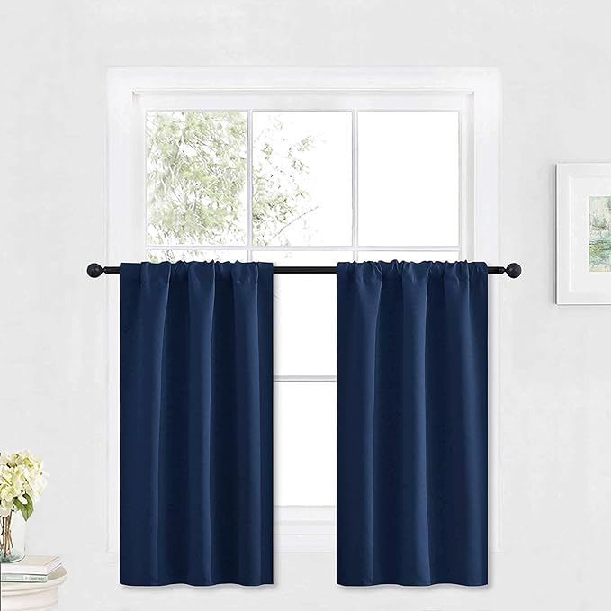 RYB HOME Bathroom Window Curtains - Super Soft Blackout Privacy Curtains for Baby Nursery Bedroom Basement Garege Workshop Kitchen Dining Living Room, W 29 x L 30, Navy Blue, 2 Pcs
