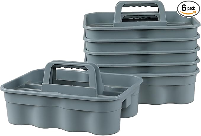 6 Pack Plastic 2 Compartments Cleaning Supplies Caddy, Commercial Carry Caddy Organizer with Handle, Gray
