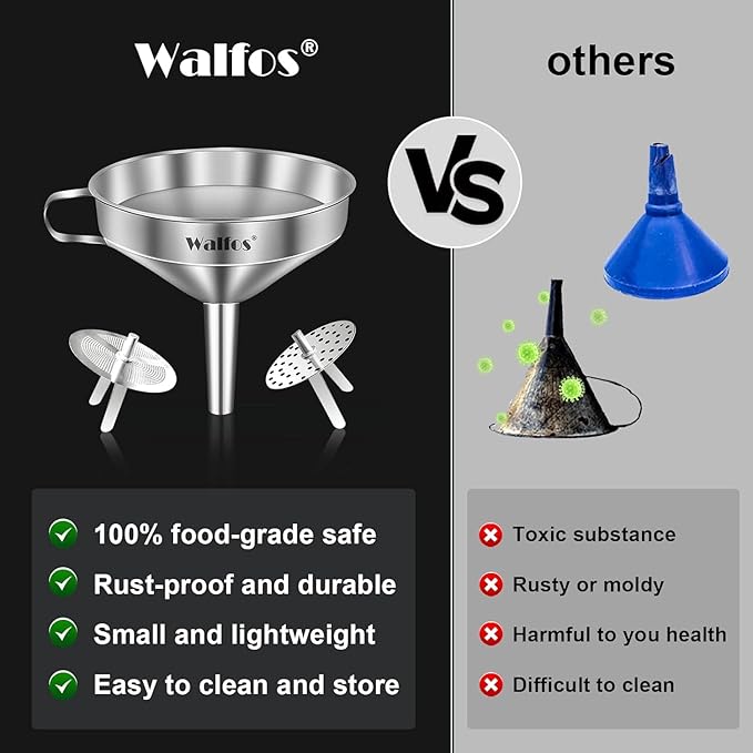Walfos Extra Large Stainless Steel Funnel with Venting Slot, Kitchen Funnel with 2 Removable Strainer ＆ 1Pc Cleaning Brush, Perfect for Transferring Liquid, Oils, Jam, Dry Ingredients (Jumbo, 7.9")