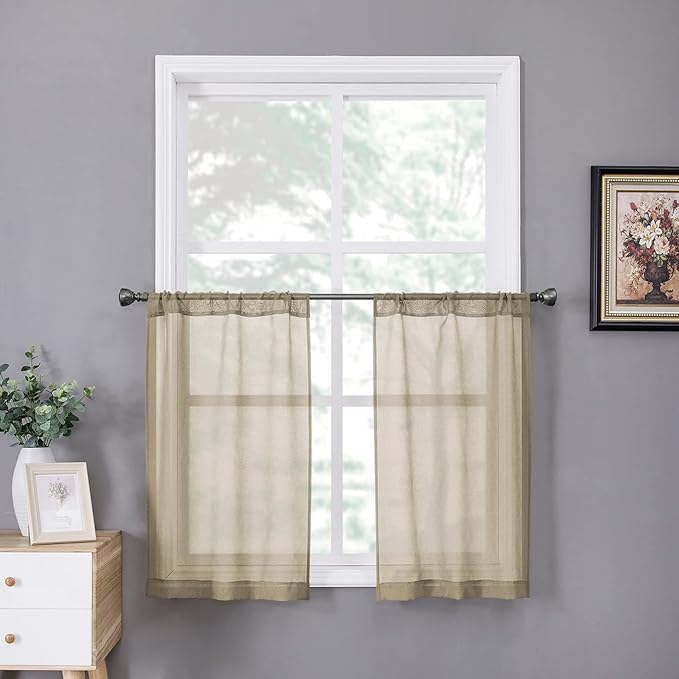 Tollpiz Sheer Tier Curtains Kitchen Linen Textured Half Curtain Sheers Light Filtering Rod Pocket Voile Bathroom Short Curtains for Farmhouse, 25 x 30 inches Long, Taos Taupe, Set of 2 Panels