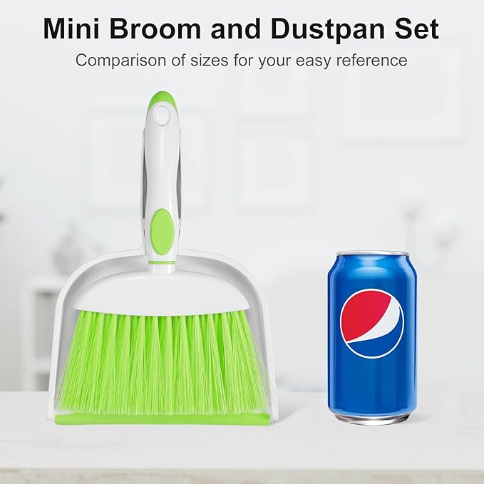 NACENA Small Dust Pan and Brush Set, Mini Broom and Dustpan Set Small Hand Broom and Brush Combo Dust Pan with Teeth for Home Cleaning Drawers Desktop Sofas Pet Care and Outdoor, Green