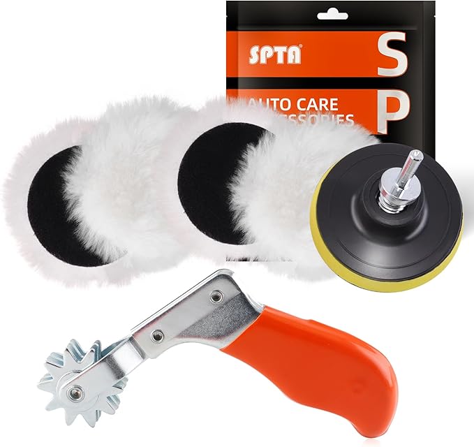 Wool Buffing Polishing Pad, SPTA 3 Inch (75mm) Lambwool Wool Buffing polishing Pads, 6 Pcs Kit with Hook & Loop 5/8"-11 Thread Drill Adapter for Car Polishing and Buffing -QA0798SET