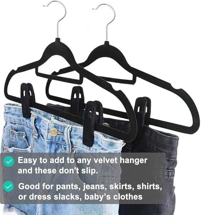 Black Velvet Hanger Clips (60-Pack), Strong Finger Clips for Velvet Hangers, Skirt Hanger Clips Fit for Flocking Hangers