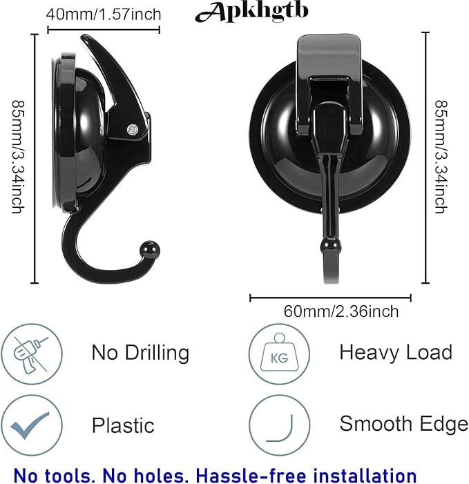 Heavy Duty Vacuum Wreath Cup Hook, Easy to Install and Remove, No Hole Punched,Black- Plated Plished Super Suction for Kitchen, Bathroom and Restroom, 2Pack
