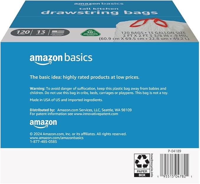 Amazon Basics 13 Gallon Tall Kitchen Drawstring Trash Bags, Unscented, 10% Post Consumer Recycled, 120 Count