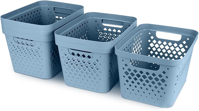 Glad Plastic Storage Basket Set, Value Pack of 6 | Open Storage Bins for Shelves, Bathroom, Pantry, Closet | Nesting Organizer Boxes with Handles, 4 Gallon, Marina Blue