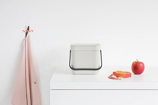 Brabantia Sort & Go Food Trash Can (1.6 Gal/Light Gray) Small Countertop Kitchen Compost Caddy with Handle & Removable Lid, Easy Clean, Fixtures Included for Wall/Cupboard Mounting