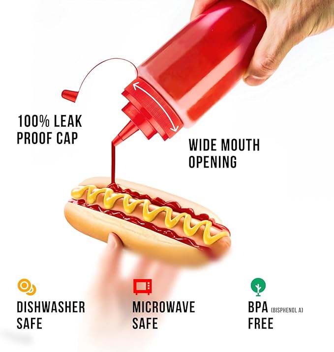 Norcalway 12 oz Condiment Squeeze Bottles for Sauces - Leak Proof - 6 Pack