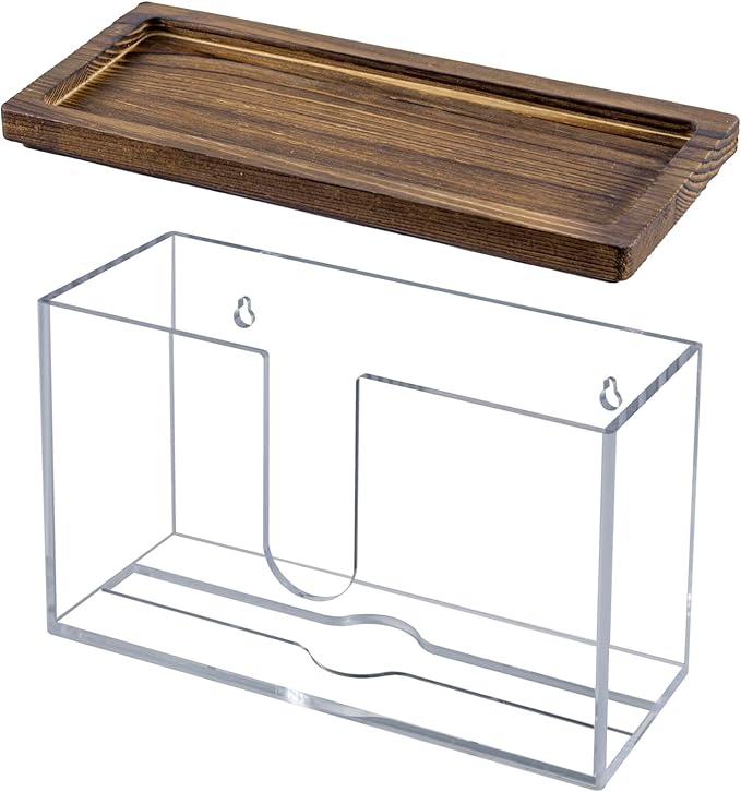 MyGift Deluxe Modern Metal Folded Commercial Paper Towel Holder with Rustic Burnt Solid Wood Tray Lid, Wall Mounted Trifold Multifold Z Fold Disposable Napkin Dispenser (Acrylic & Burnt Wood)