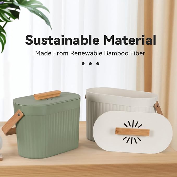 Odorless Counter Top Compost Bucket with Lid - Yatmung Small Kitchen Compost Bin Countertop - Narrow Sustainable Bamboo Composting Pail - Indoor Composter - Slim Food Waste Bin for Kitchen - Cream -