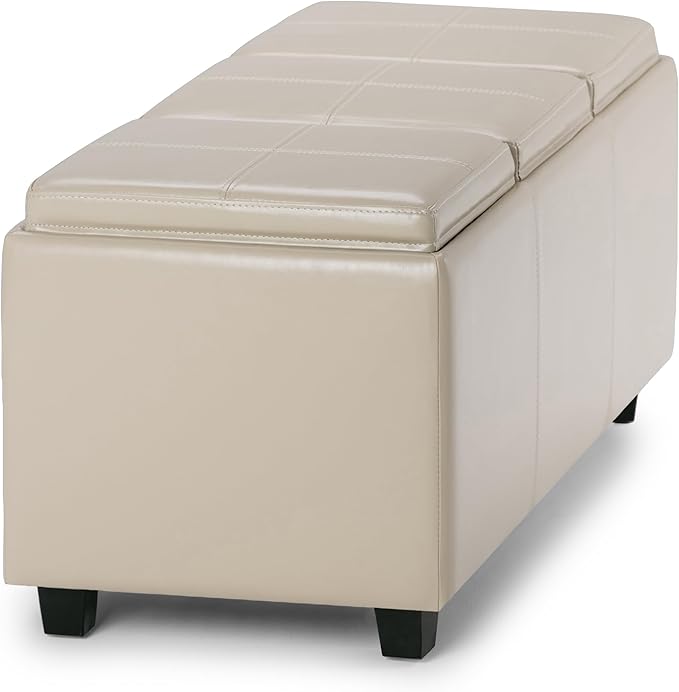 SIMPLIHOME Avalon 42 inch Wide Contemporary Rectangle Storage Ottoman in Satin Cream Vegan Faux Leather, Assembled, for the Living Room, Entryway and Family Room
