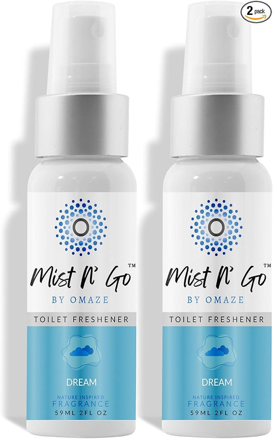 Mist N’ Go by Omaze Travel Bathroom Spray for Toilet Spray Odor Eliminator - Travel Toilet Spray for Bathroom Air Freshener Spray for Bathroom Deodorizer - Dream Regular Size (2oz x2)