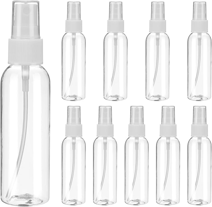 uxcell 10 Pack Spray Bottles, 2 Oz/60ML Clear Empty Mist Plastic Mini Travel Bottle Set,Small Refillable Liquid Containers for Household Use, Essential Oil, Cleaning (Transparent White)