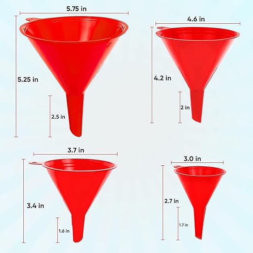 Funnel 4-Pack Funnels for Kitchen Use Filling Bottles - Food-Grade Plastic, Funnels for Automotive Use, Mess-Free Filling, funnels for Filling Bottles, Sizes (122, 101, 76 & 50mm)
