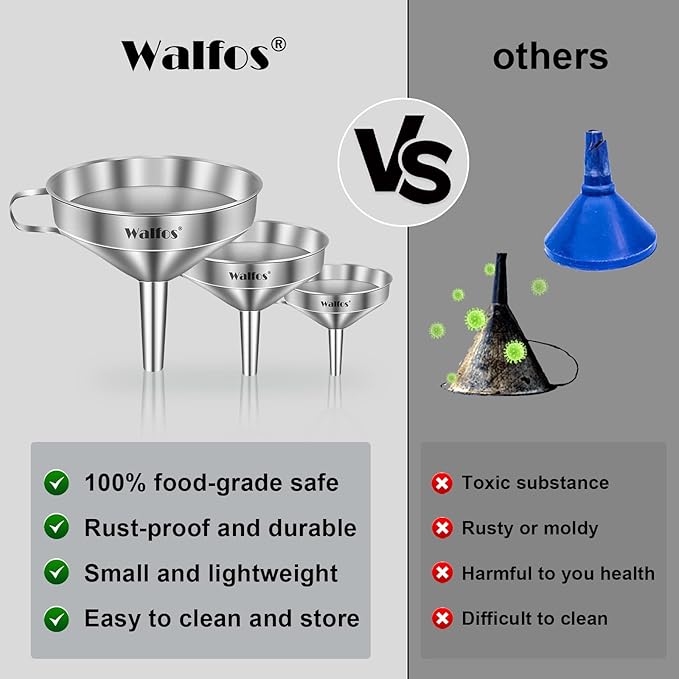 Stainless Steel Funnel, Walfos 3 Pack Kitchen Funnel with 2 Removable Strainer ＆ 1Pcs Cleaning Brush, Perfect for Transferring of Liquid, Oils, Jam, Dry Ingredients & Powder