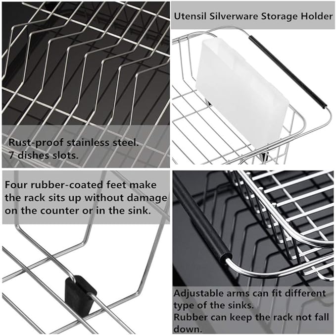 SANNO Dish Drying Rack, Expandable Dish Drainer Over Sink in Sink On Counter with Utensil Silverware Storage Holder, Rustproof Stainless Steel