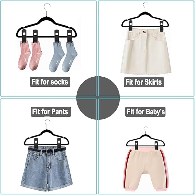 Hanger Clips Perfect for Velvet Hangers (Black, 80 PCS), Strong Plastic Clips Pant Skirt Hanger Clips for Black Flocking Felt Hangers