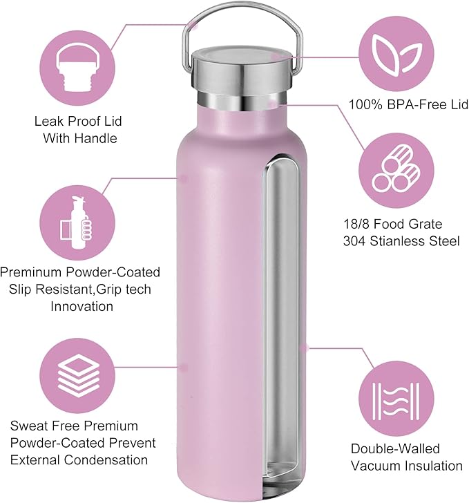 Neihepal 20 oz Insulated Water Bottles Bulk 2 Pack,Stainless Steel Double Wall Sport Bottle with Lid of Handle,Metal Reusable Thermoses Flask with Cup Cap for School,Cyclists,Gift (Pink,Set of 2)