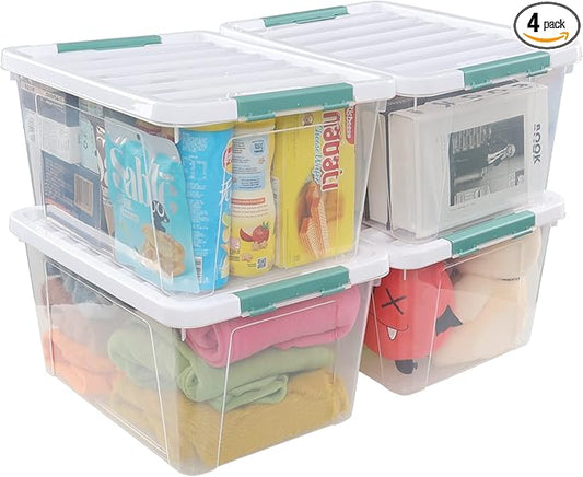 35 L Clear Large Storage Box, Plastic Storage Bins, Set of 4
