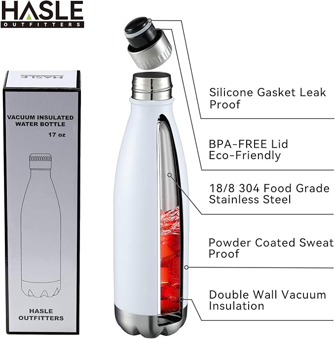 HASLE OUTFITTERS 17oz Stainless Steel Water Bottles Bulk, Vacuum Insulated Water Bottles Double Walled Powder Coated Reusable Metal Sports Water Bottles Keep Drinks Hot and Cold, White, 4Packs