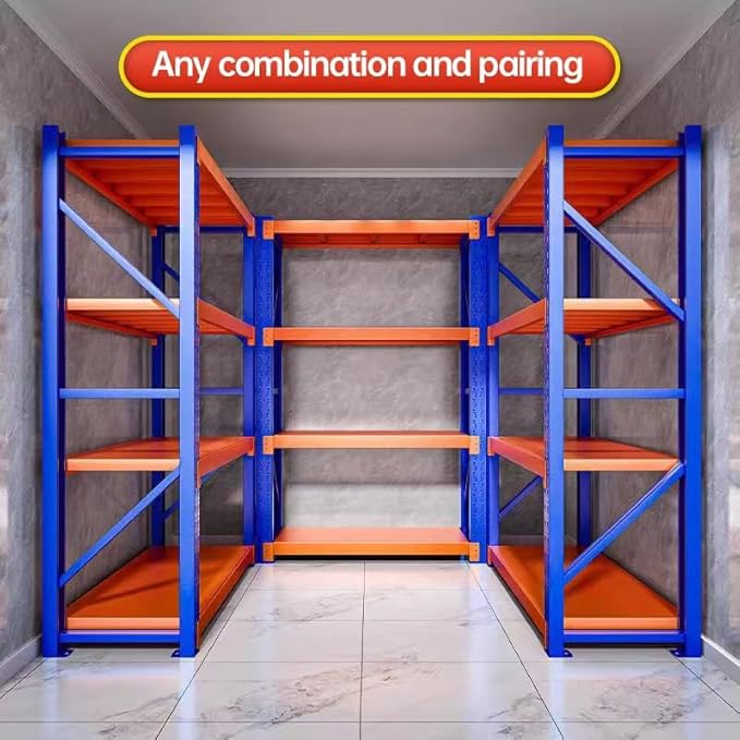 Industrial Metal Storage Shelves - Large, Heavy Duty, 4 Levels, Blue & Orange, Warehouse Racking - 23.62D x 78.74W x 78.74H