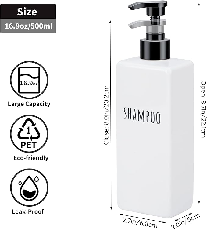 Segbeauty Plastic Soap Dispenser, 3pcs 16.9oz Refillable Shampoo Bottles White, 500ml Empty Square Pump Press Bottle Shower Dispenser Lotion Container for Modern Bathroom Hotel Kitchen
