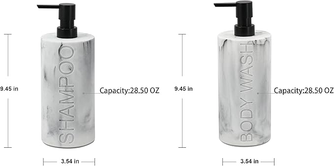Marble Resin 2 Piece Shampoo and Body Wash Dispenser Set, Luxurious Refillable Pump Bottles with Matte Pump Top and Embossed Text, Durable Design for Bathroom and Shower