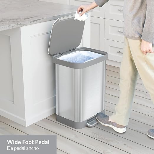 Glad Stainless Steel Step Trash Can, Series 2 with Clorox Protection - Large Metal Kitchen Garbage Bin with Soft Close Lid, Foot Pedal and Waste Bag Roll Holder, 13 Gallon
