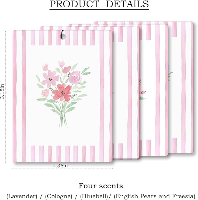 Girly Pink Floral Car Air Freshener 4 Pcs, Preppy Pink Striped Flower Hanging Scents Air Freshener for Women Girls Gifts, Cute Aesthetic Scented Car Accessories Decor for Room Closet Drawer