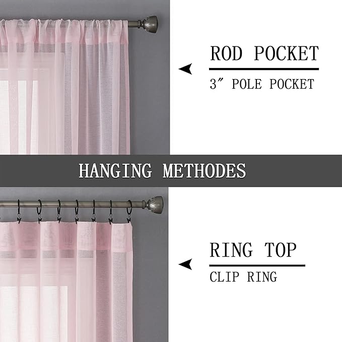 Tollpiz Short Sheer Curtain Linen Textured Living Room Curtains Sheer Light Filtering Rod Pocket Voile Curtain for Bedroom, 42 x 54 inches Long, Pink, Set of 2 Panels