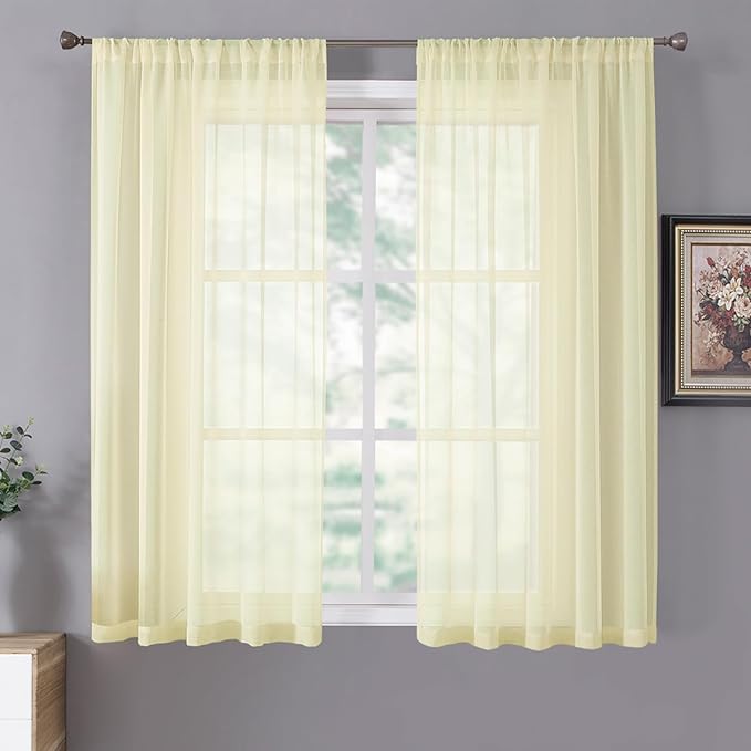 Tollpiz Sheer Curtains Living Room Linen Textured Curtain Sheers Light Filtering Voile Rod Pocket Curtains for Bedroom, 38 x 63 inches Long, Transparent Yellow, Set of 2 Panels