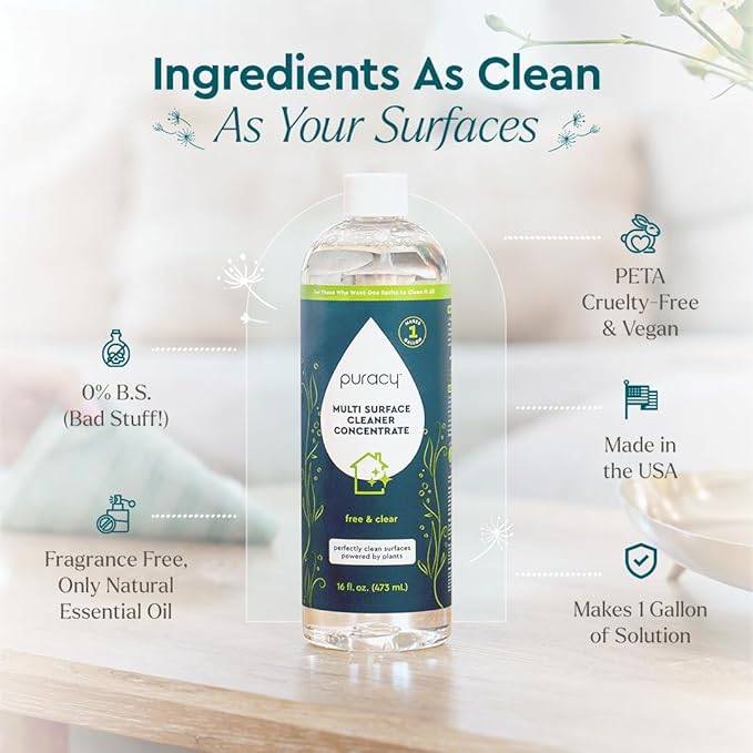 Puracy Multi-Surface Cleaner Concentrate - Plant-Powered Everyday Surface Cleaner - Natural All Purpose Cleaning Solution As Seen on TikTok (Free & Clear, 16 fl oz)