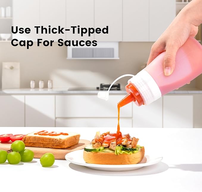 Condiment Squeeze Bottles, 12 oz Silicone Squeeze Bottles For Sauces, Leak Proof Condiment Containers with Extra Interchangeable lid, Easy Squeeze for Oil, Honey & Dressings, BPA FREE (4 Pack)
