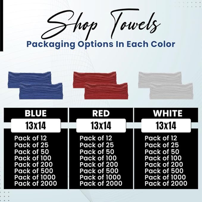 Shop Towels (White, 50-Pack) - Bulk Cleaning Towel in a Bag, Mechanic Cotton Wipes for Car Maintenance, Auto Mechanics & Garage, Wipe Grease & Oil, Machine Wash & Reusable