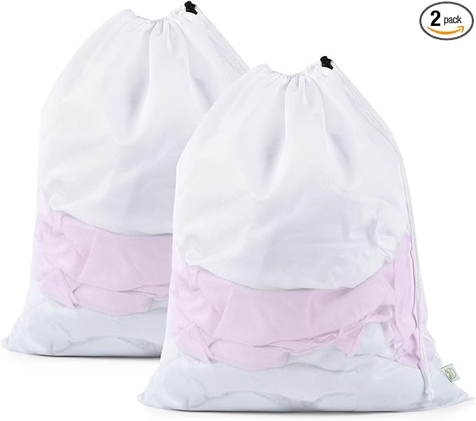 OTraki 2 Pack Mesh Laundry Bag, 20x24 Inch Heavy Duty Laundry Fine Mesh Bags Dirty Clothes Drawstring Laundry Wash Bag Delicates Net Storage Travel Bag Machine Washable for College Home Dorm White