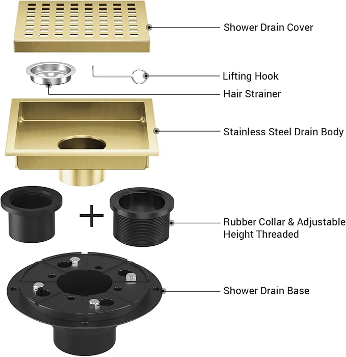 Shower Drain Brushed Gold 6 Inch, Square Floor Drain, Stainless Steel Drain Kit with Flange, Removable Grid Cover, Hair Strainer