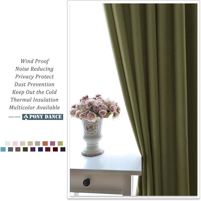 PONY DANCE Bedroom Curtains Blackout - Thermal Drapes Heavy Duty Light Blocking Shandes Grommet Top Window Treatments Cover Noise Reducing, W 42 x L 45 in, Olive Green, 2 PCs