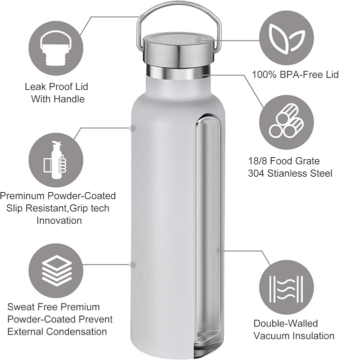 Neihepal 20 oz Insulated Water Bottles Bulk 4 Pack,Stainless Steel Double Wall Sport Bottle with Lid of Handle,Metal Reusable Thermoses Flask with Cup Cap for School,Hikers,Gift (White,Set of 4)