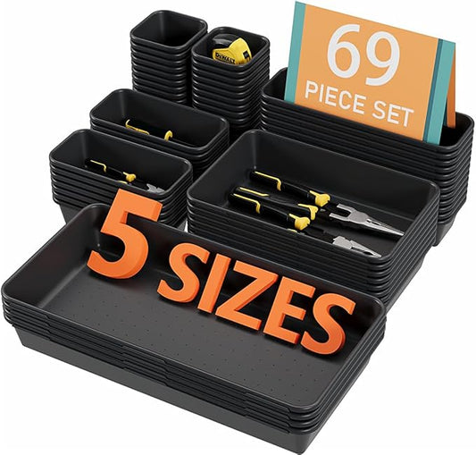 69PCS Large Plastic Interlocking Drawer Organizer, 5 Sizes Versatile Desk Drawer Organizer Trays, Drawer Dividers, Organization and Storage Bins for Tools,Office,Jewelries,Kitchen Utensils and Makeup