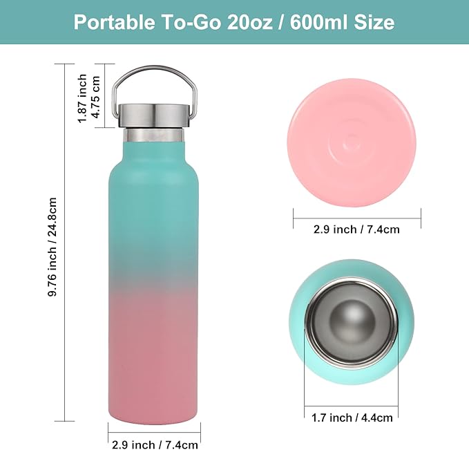 Neihepal 20 oz Insulated Water Bottles Bulk 4 Pack,Stainless Steel Double Wall Sport Bottle with Lid of Handle,Metal Reusable Thermoses Flask for School,Cyclists,Hikers,Gift (Assorted,Set of 4)