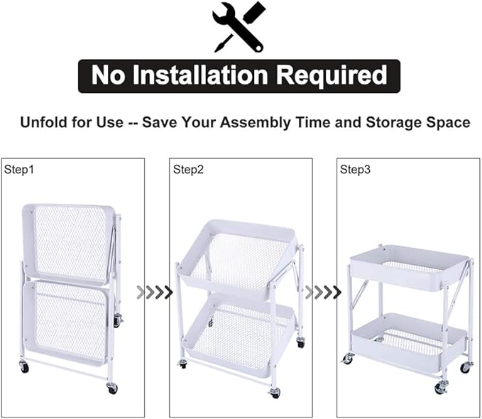 Melody House 2-Tier Metal Folding Rolling Cart, Mobile Utility Cart Trolley Storage Organizer for Office Home Kitchen Organization, Sofa Side End Table with Wheels, White