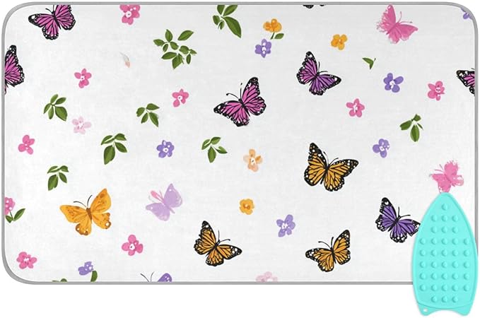Pretty Butterfly Flower Ironing Mat for Table top Portable Ironing Pad Blanket for Washer Dryer Countertop Travel