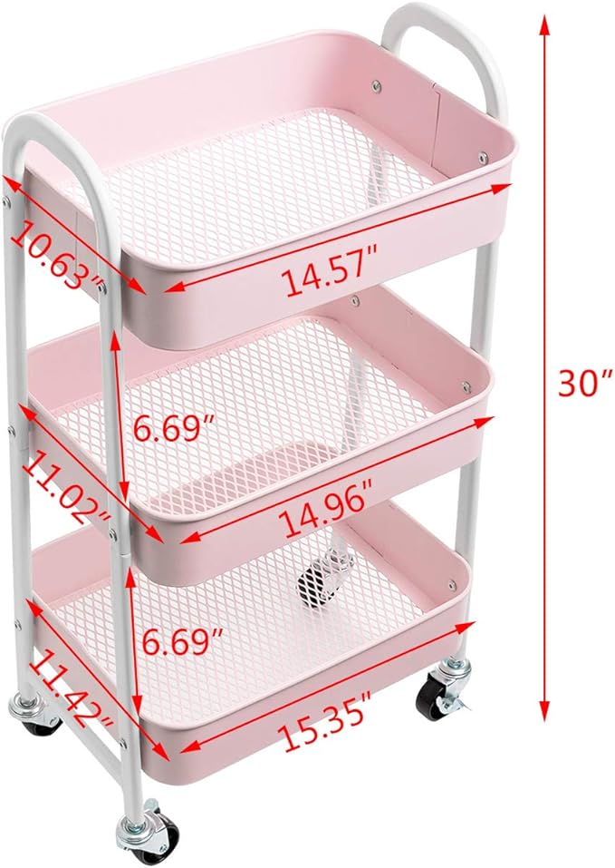 AGTEK Makeup Cart, Movable Rolling Organizer Cart, 3 Tier Metal Utility Cart, White - Pink