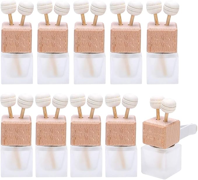 10 Pack,8ml Matte Glass Car Air Freshener Perfume Clip Diffuser,Empty Essential Oil Perfume Vials Diffuser Vent Outlet,Thick Glass Ornament With Wooden Caps,FREE Funnel,Dropper