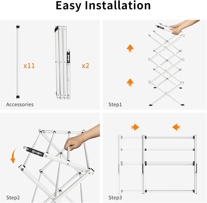 3 Tier Clothes Drying Rack,Foldable & Portable Clothing Drying Rack,Space-Saving Design, Indoor & Outdoor Laundry Rack for Drying Clothes,Metal Dryer Rack-White+Black