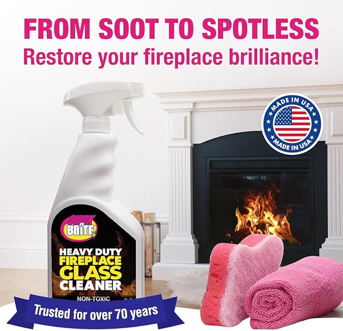 Quick N Brite Fireplace Glass Cleaner 24oz, Nonabrasive Cleaning Spray for Fireplace Glass, Oven Glass, Glass Cooktops, Ceramic-Glass, Microwave Glass (Pack of 2)