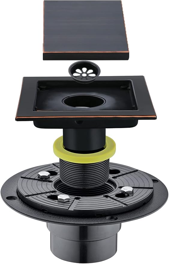 RANDOM Oil Rubbed Bronze Shower Drain Square 6 inch with Adjustable PVC Base Flange,SUS304 Stainless Steel Shower Floor Drain Kit with Tile Insert Shower Drain Cover and Hair Strainer